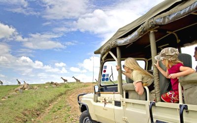 Children watching elephants during a family safari in Tanzania
